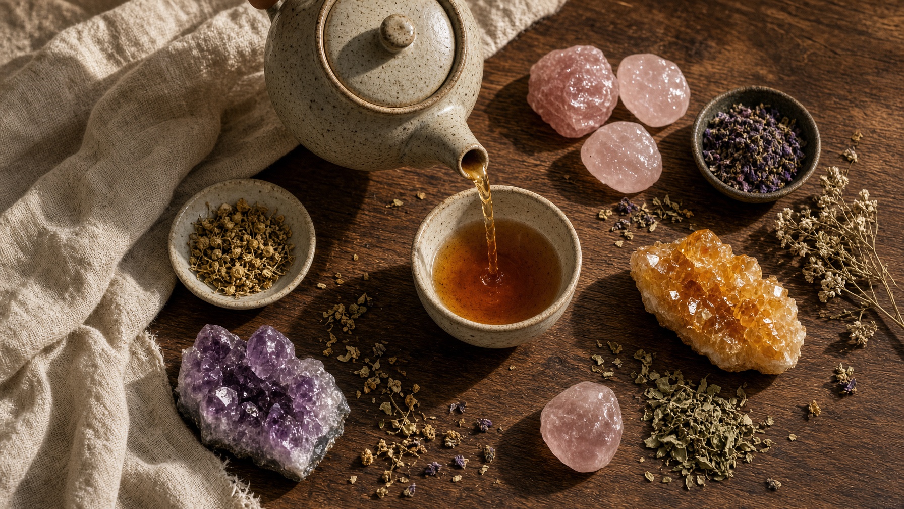 A tea ceremony tray with crystals