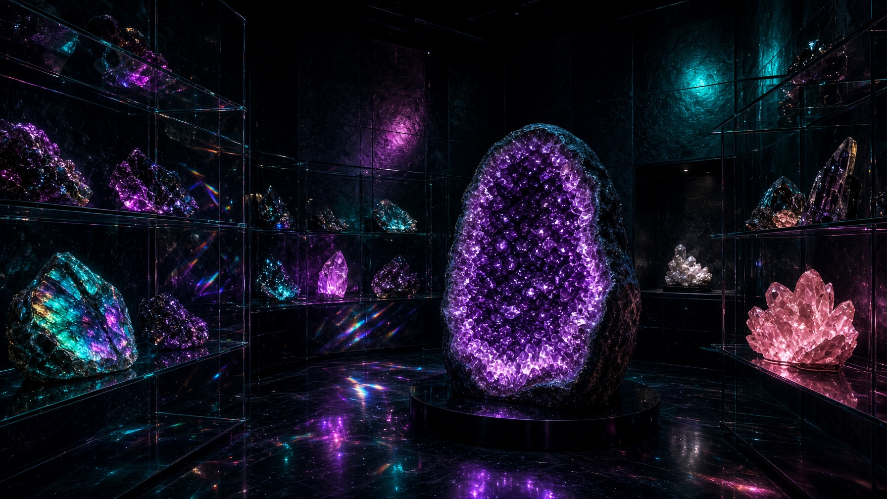 A dark crystal boutique with a glowing amethyst geode