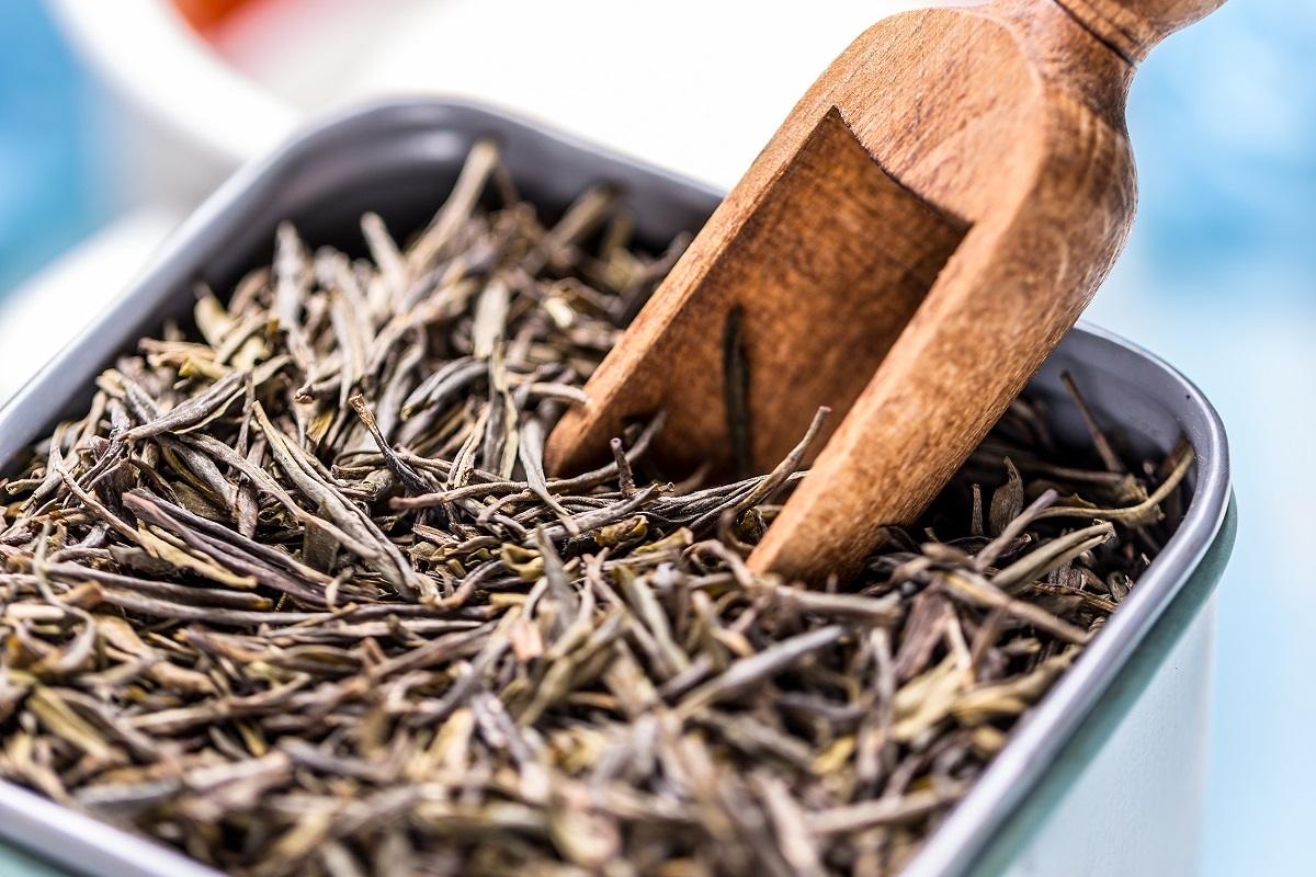 ORGANIC TEA PHOTO A close-up of tea leaves in a container with a wooden scoop.